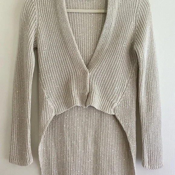 Brunello Cucinelli Beige Sequin Hi Low Knit Linen Silk Cardigan Sweater XS S